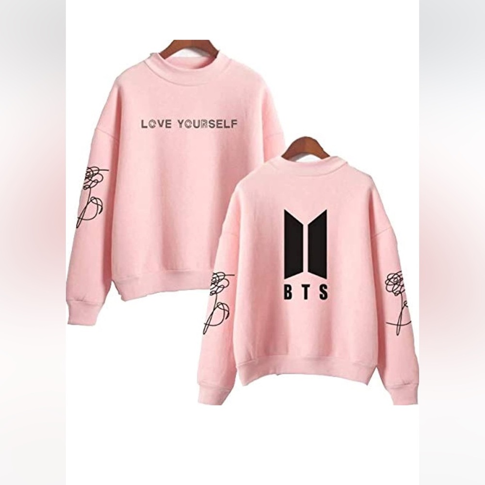 BTS Pink Round High Neck Pullover Casual Printed Love Yourself Sweatshirt